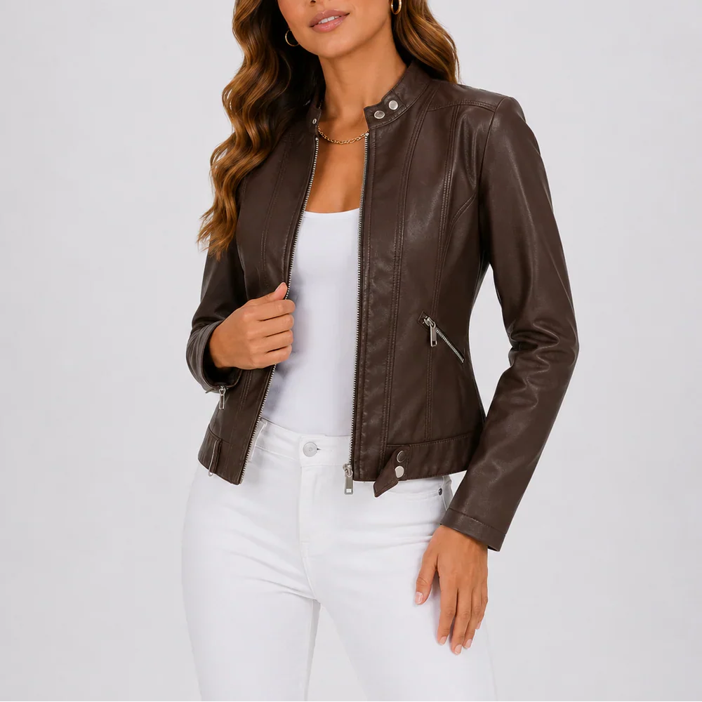 Brown fitted faux leather jacket, front view