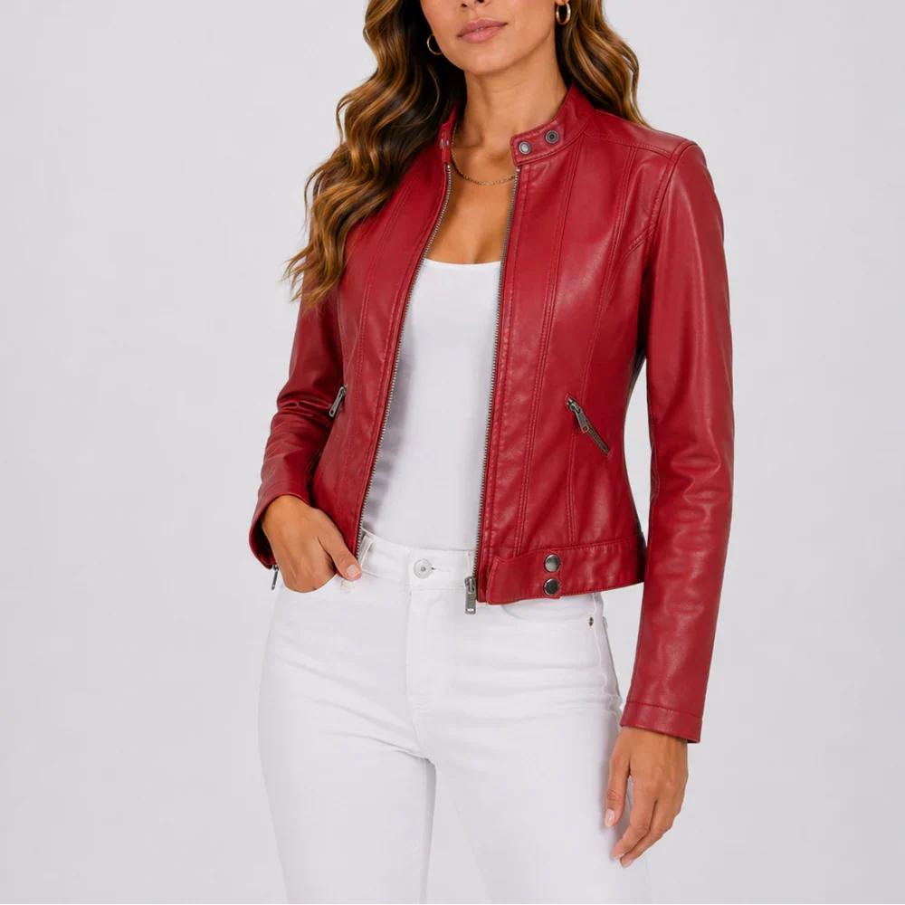 Brown fitted faux leather jacket