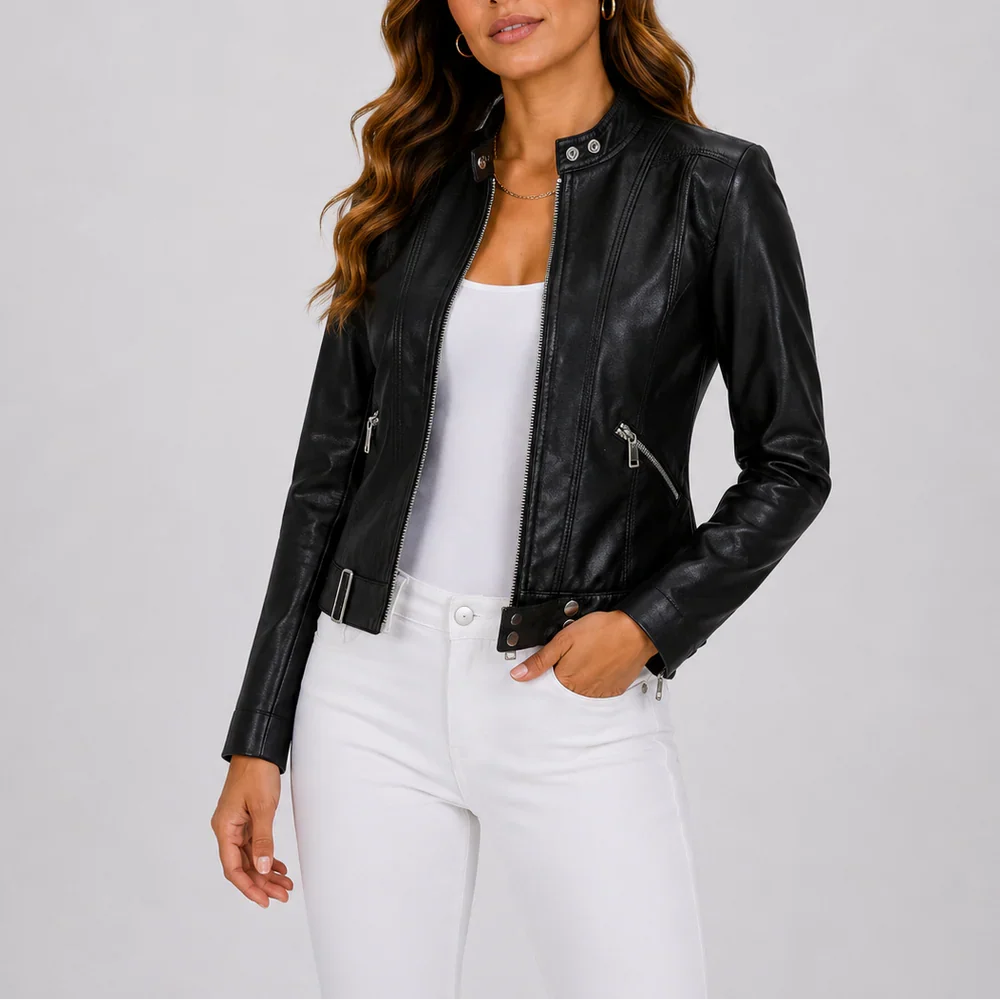 Brown fitted faux leather jacket