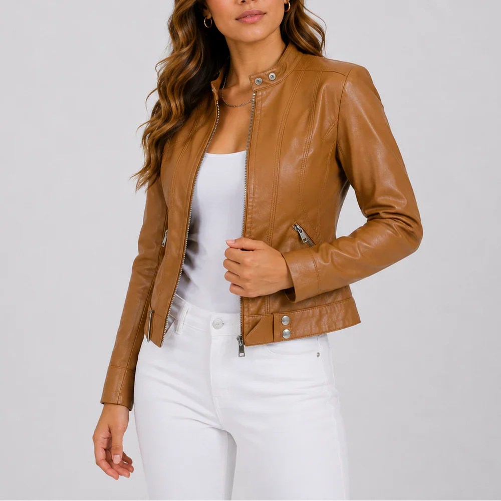 Brown fitted faux leather jacket