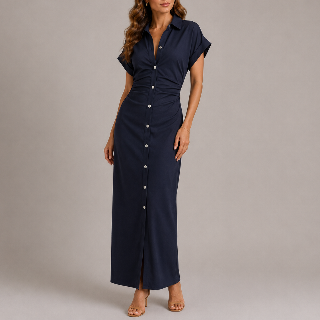 Tailored denim midi dress, front view