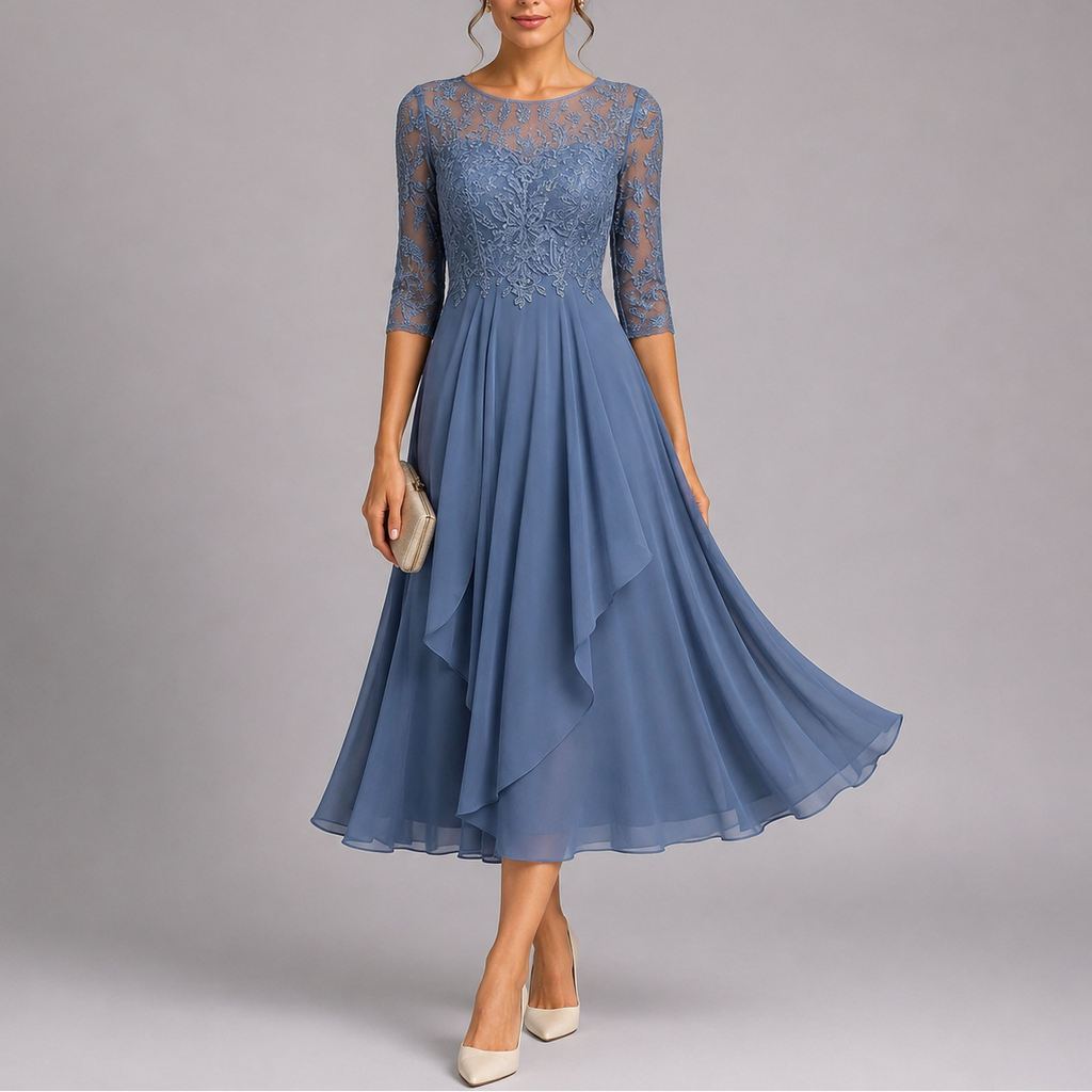 Blue embroidered lace wedding guest dress, front view