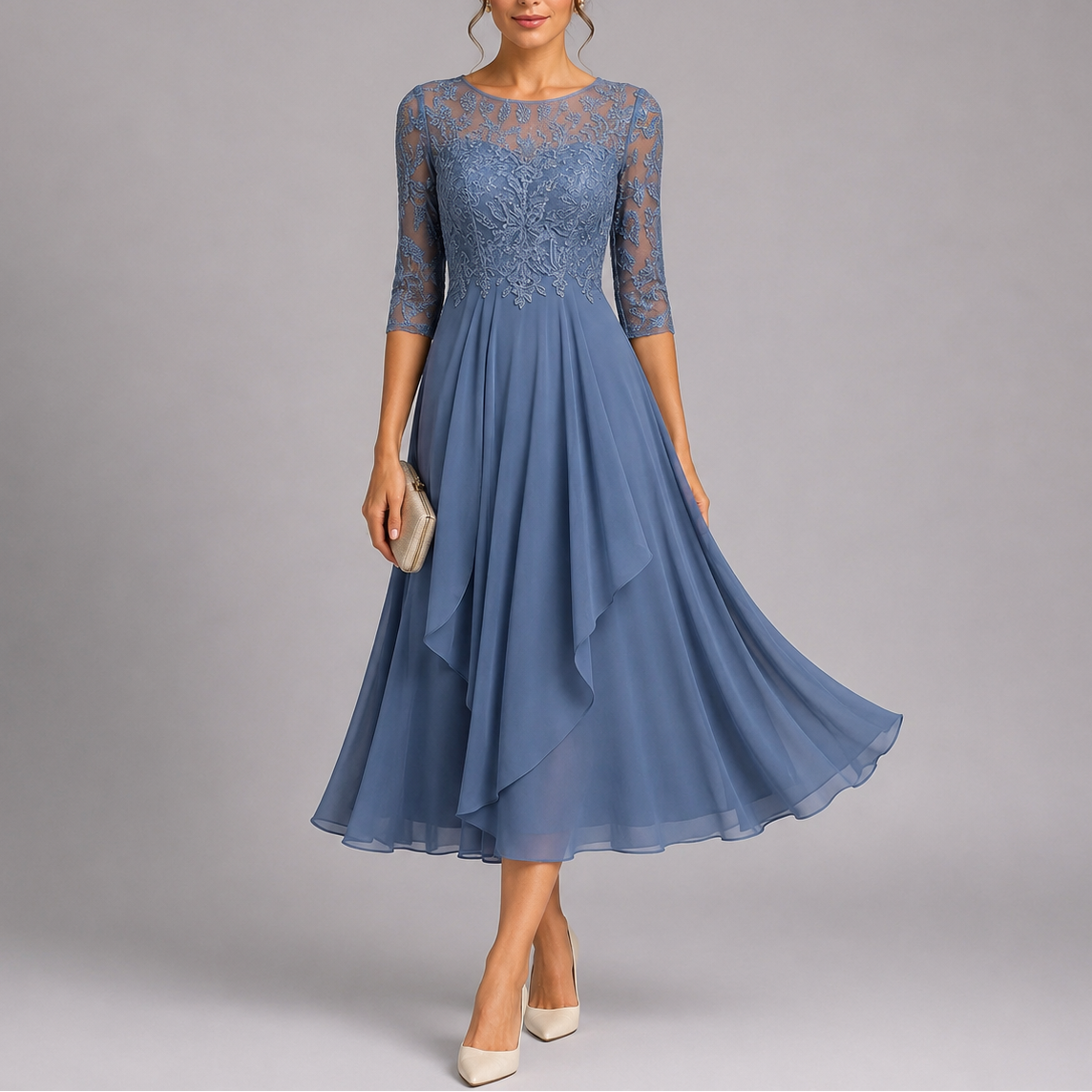 Blue embroidered lace wedding guest dress, front view