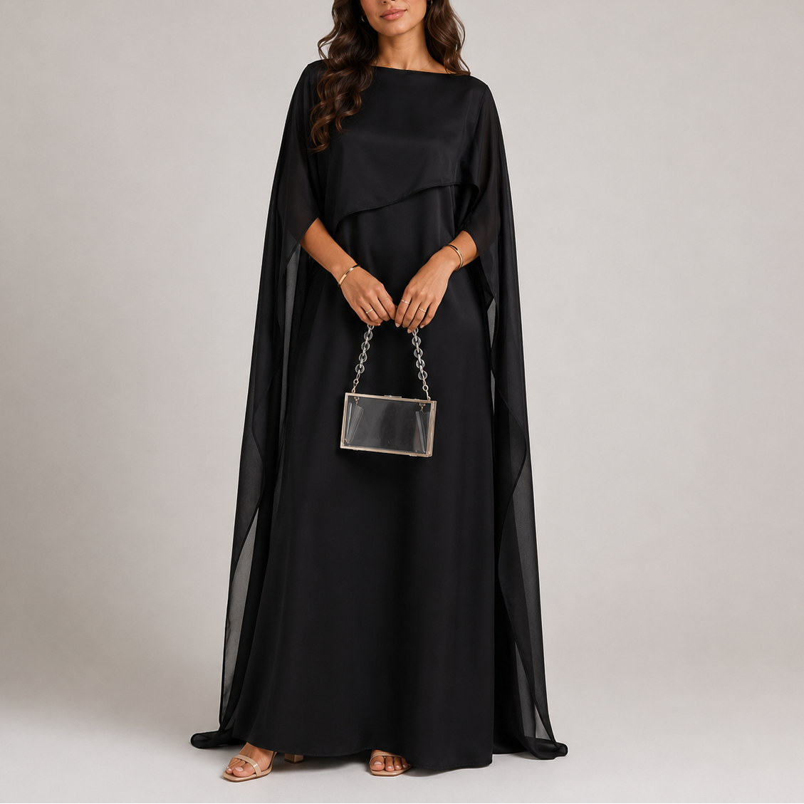 Draped Floor-Length Evening Dress with Cape Sleeves