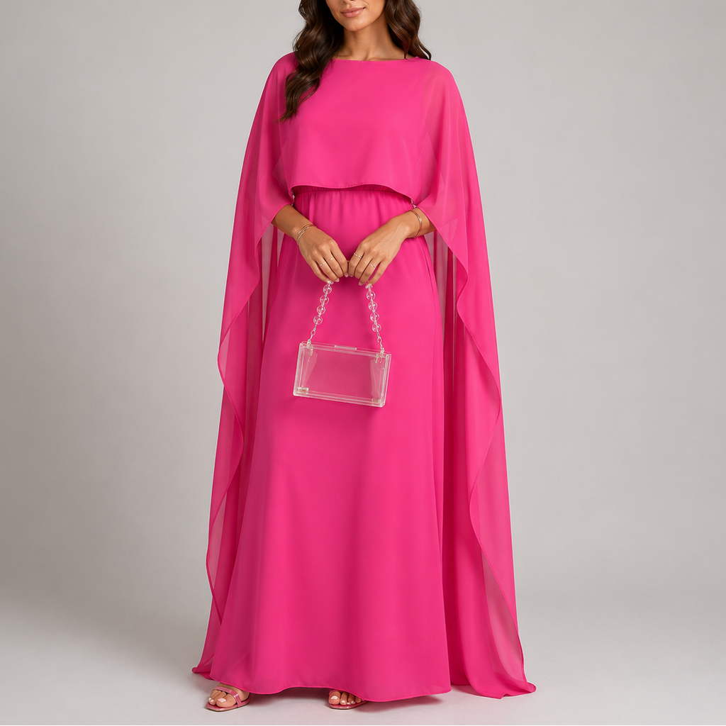 Draped Floor-Length Evening Dress with Cape Sleeves