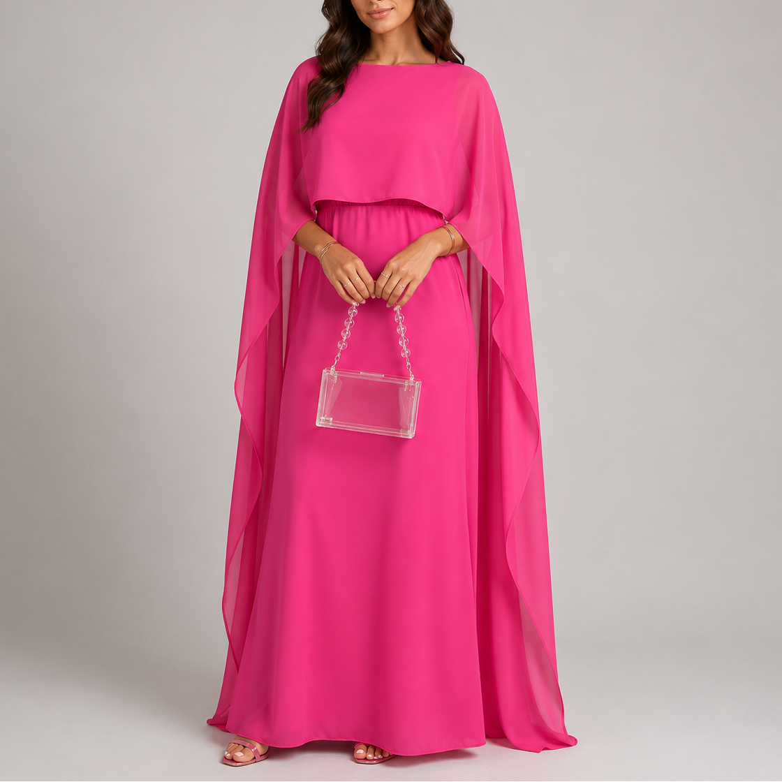 Draped Floor-Length Evening Dress with Cape Sleeves