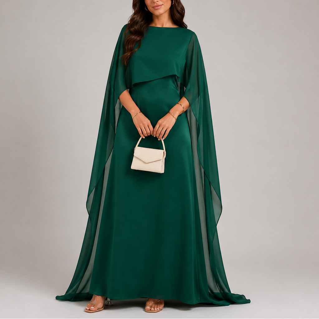 Draped Floor-Length Evening Dress with Cape Sleeves