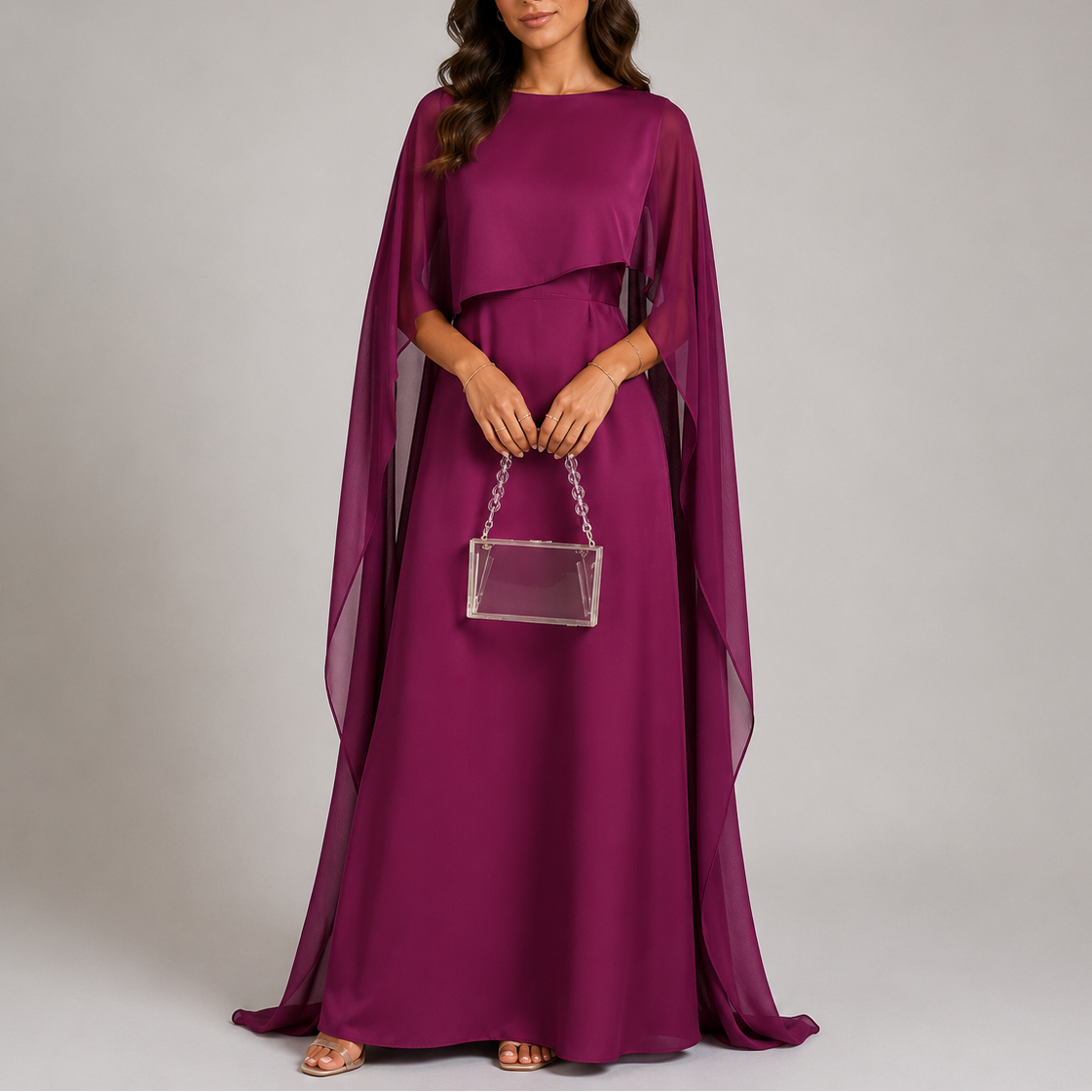 Draped Floor-Length Evening Dress with Cape Sleeves