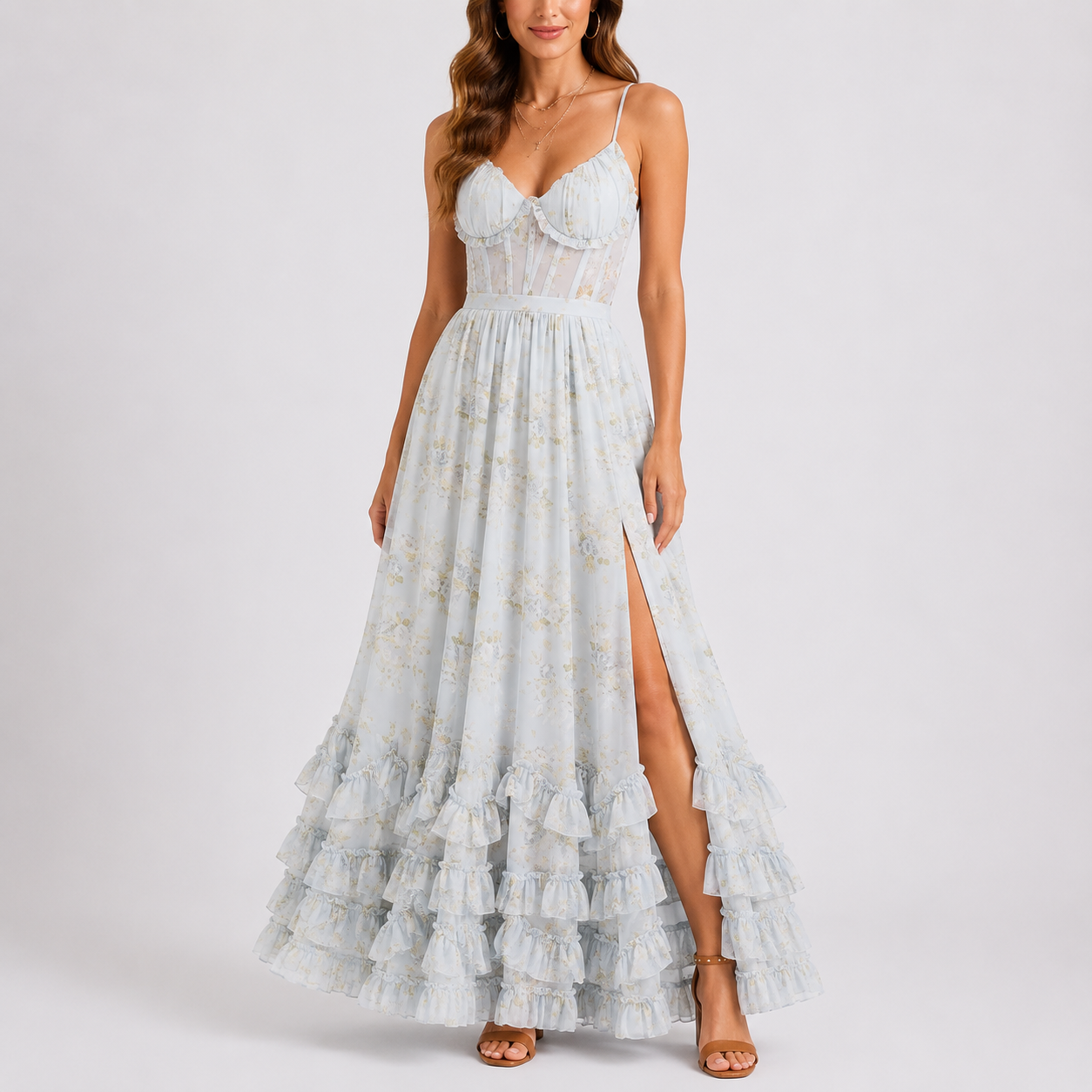 Blue floral corset maxi dress, front view