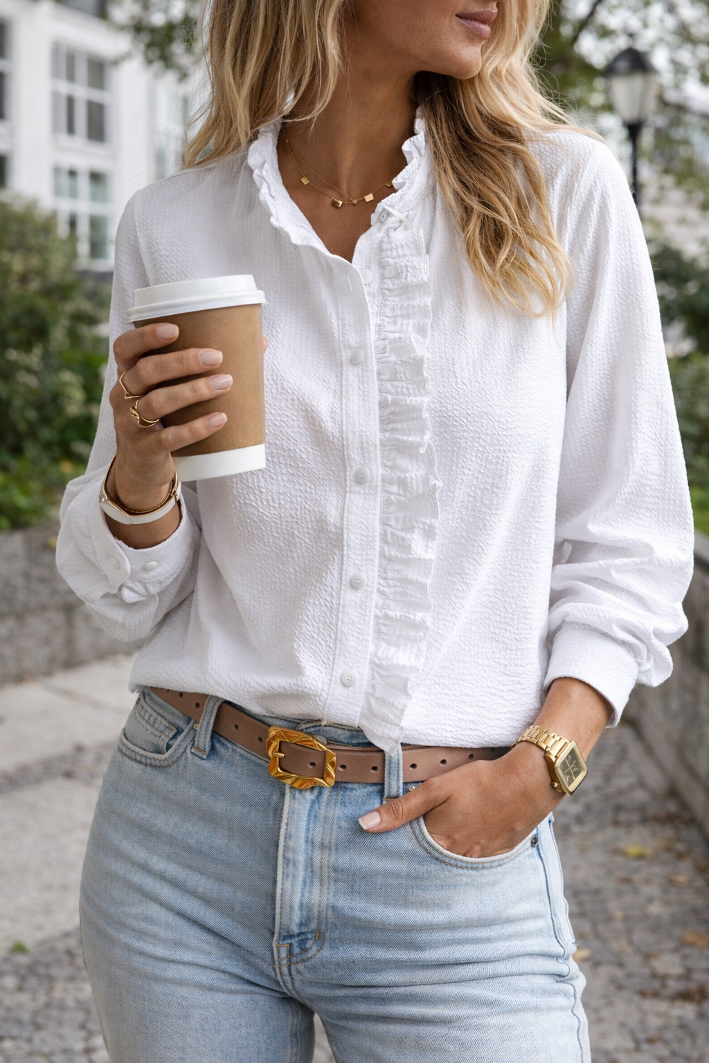 Harper blouse side profile feminine ruffle trim