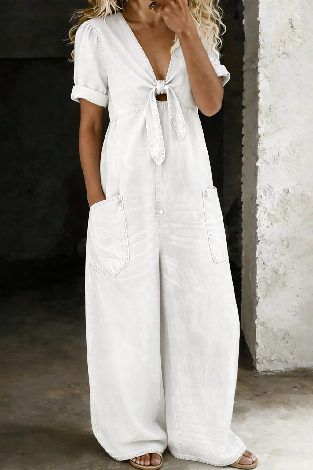 White V-neck tie-front jumpsuit, front view