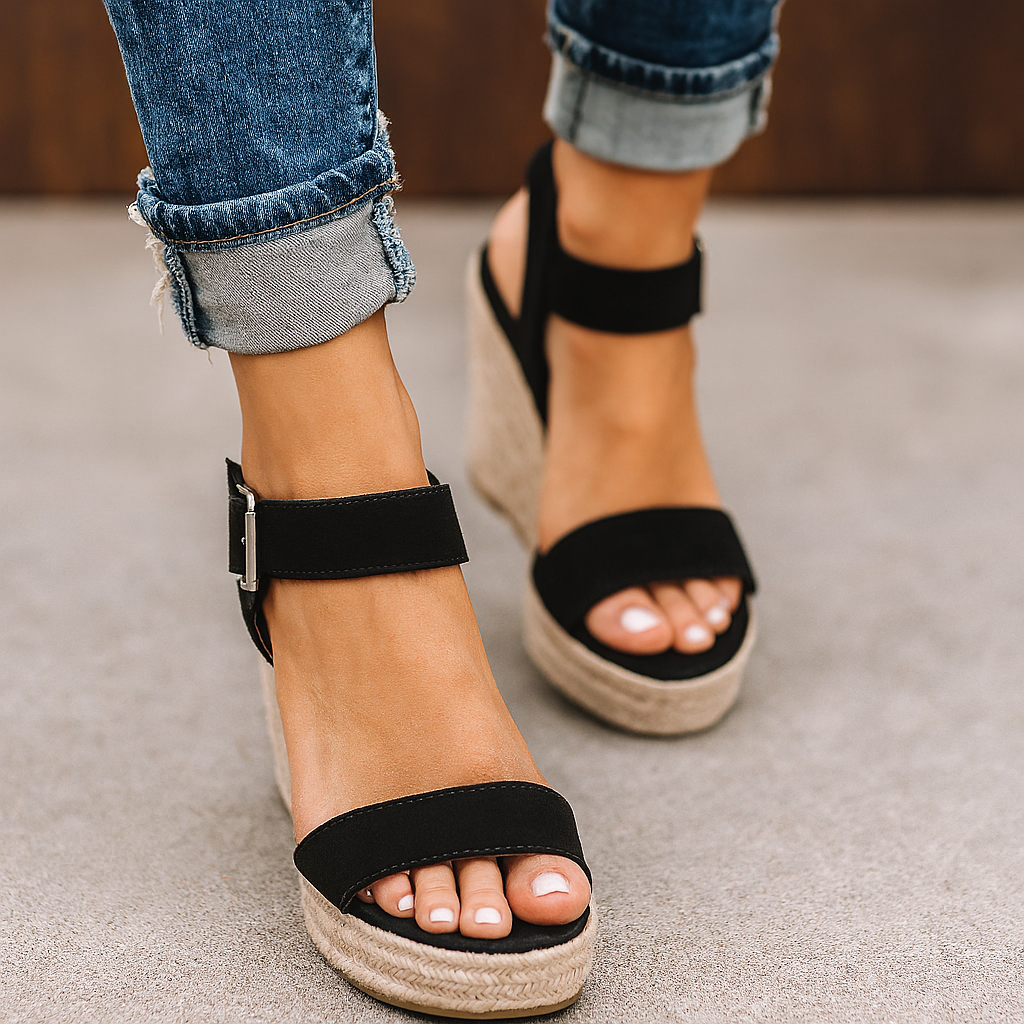 Open toe wedge heel sandals for women, front view
