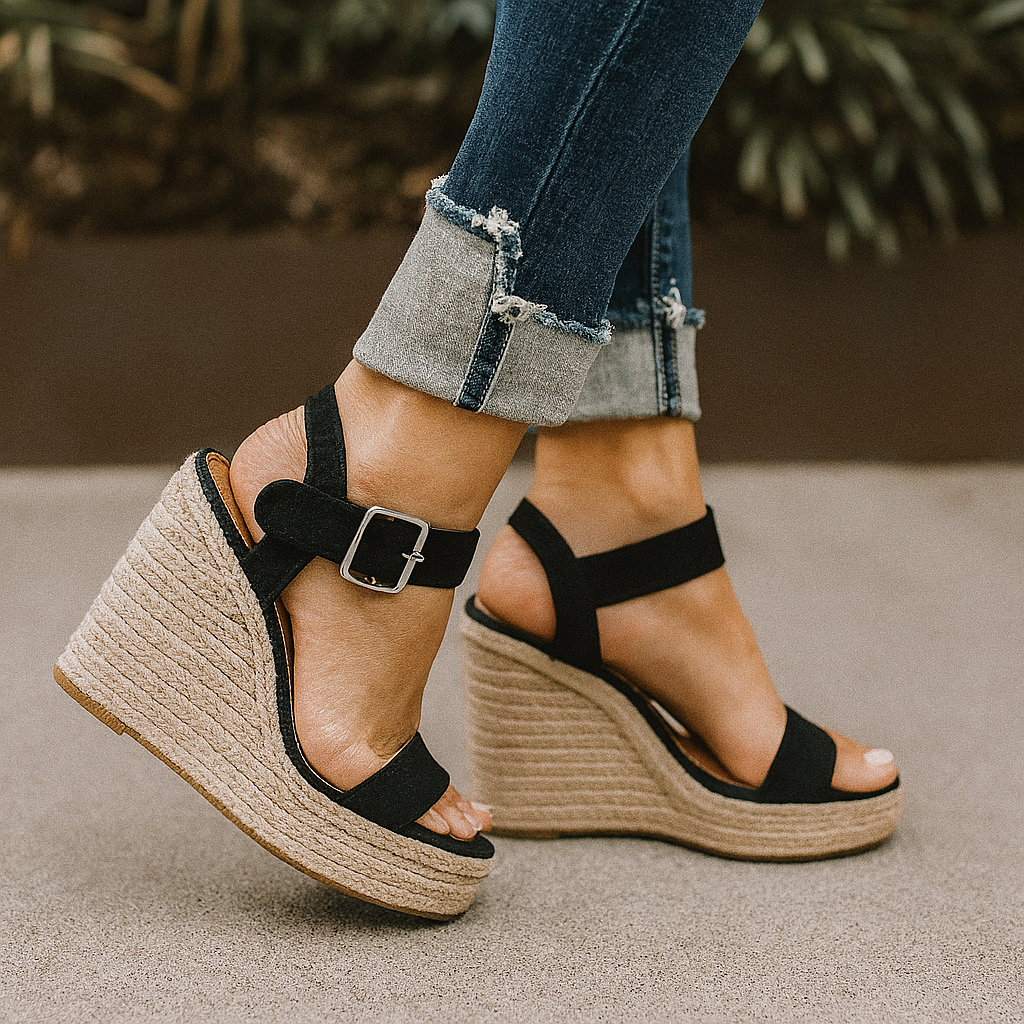 Women's smart casual wedge heel sandals with open toe, side view