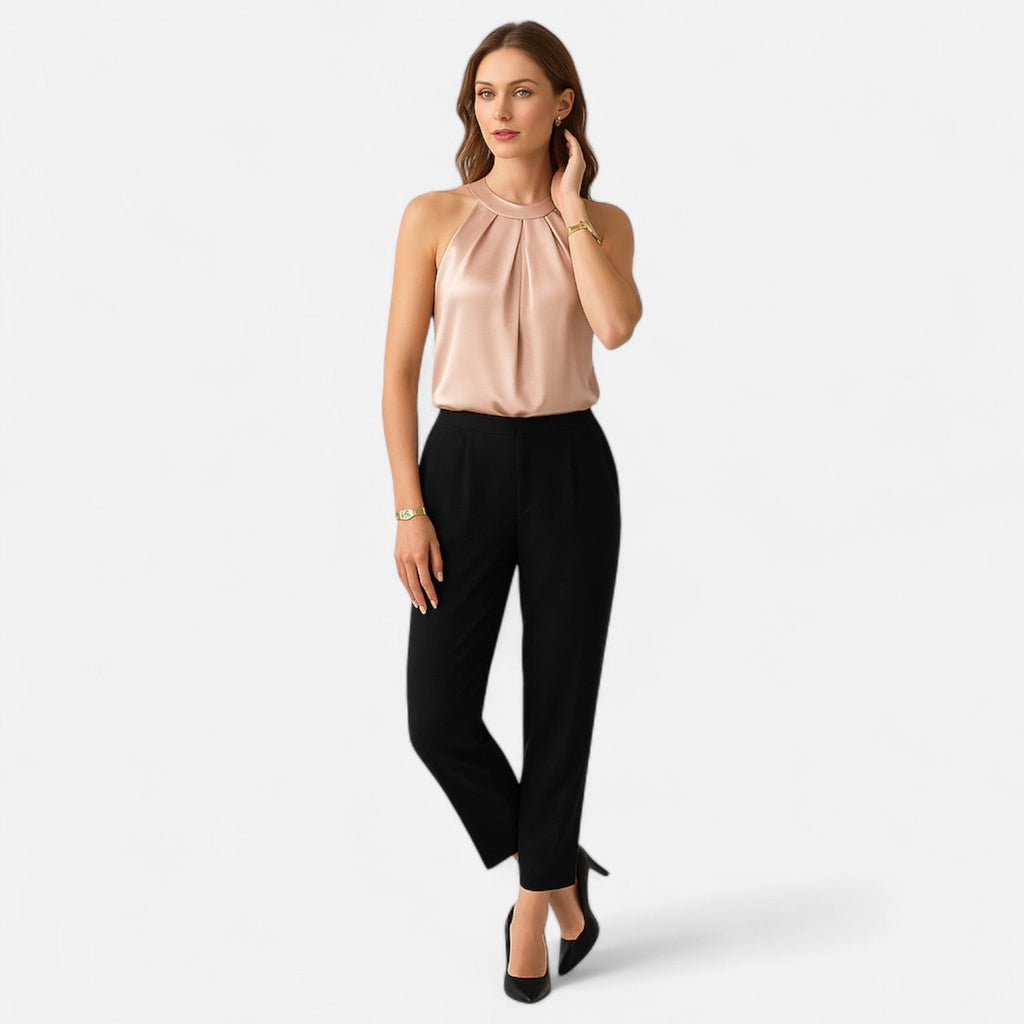 Women's draped satin occasion top with pleated detail, three-quarter view