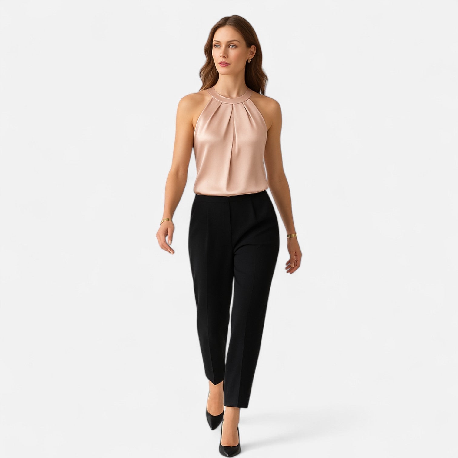 Women's sleeveless satin blouse with pleated neckline, styled look
