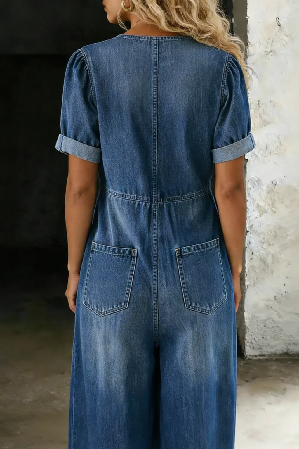 Blue V-neck tie-front jumpsuit, back view