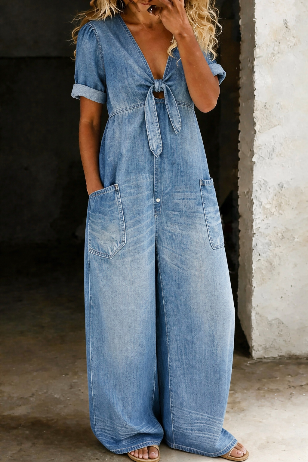 Light Blue V-neck tie-front jumpsuit, front view