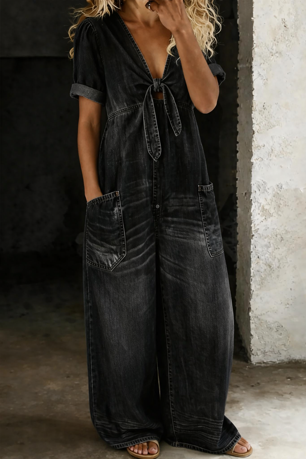 Black V-neck tie-front jumpsuit, front view