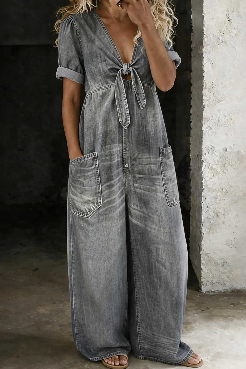 Grey V-neck tie-front jumpsuit, front view