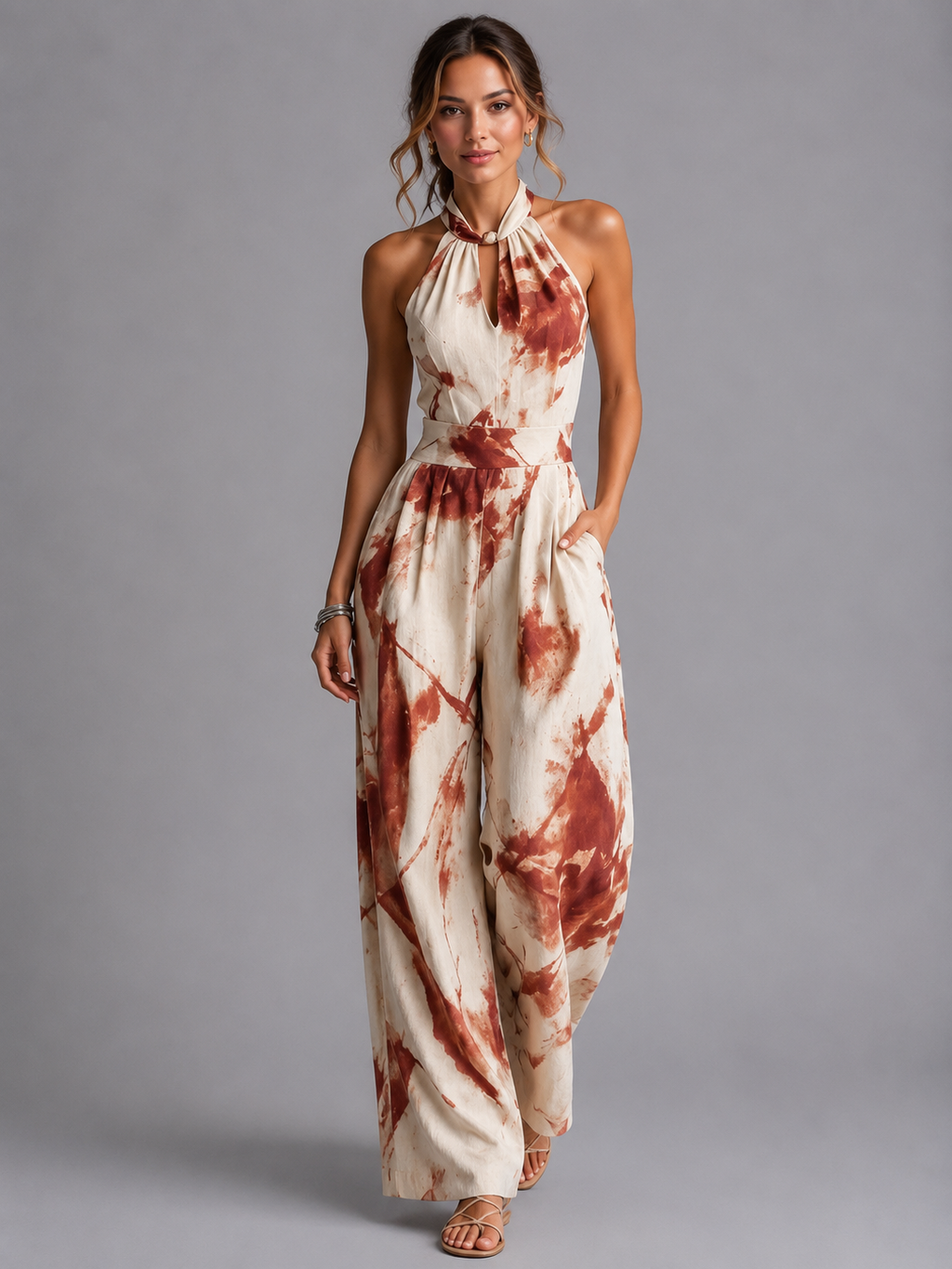 Print detail close-up wide-leg jumpsuit