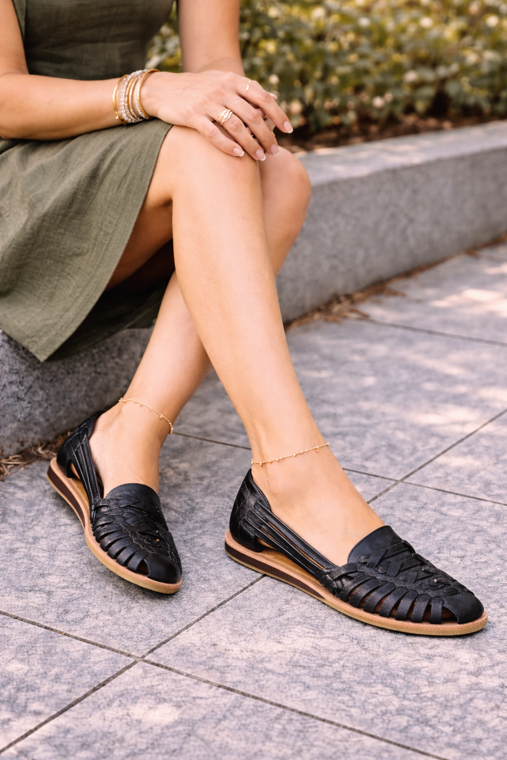 Woven leather sandals side profile view ankle strap