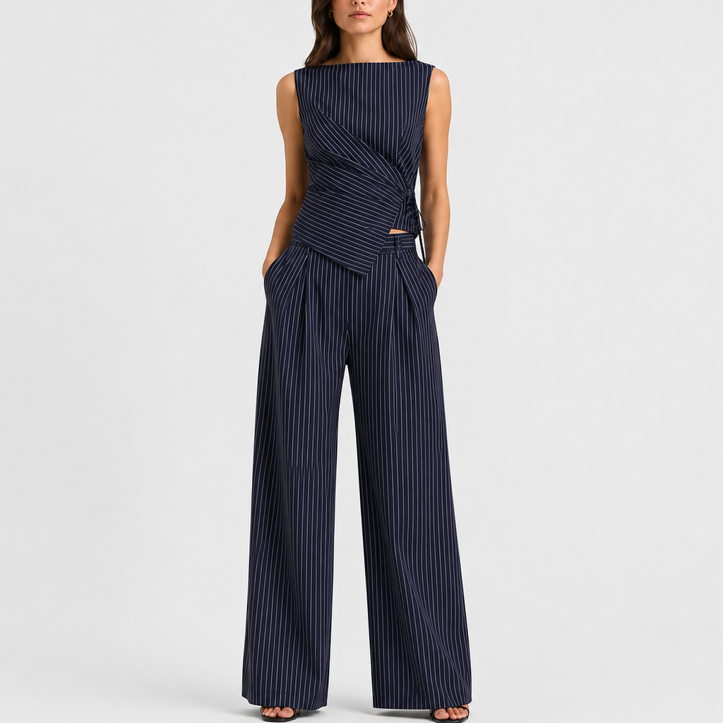 Navy pinstripe wrap top co-ord set, front view