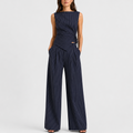 Navy pinstripe wrap top co-ord set, front view