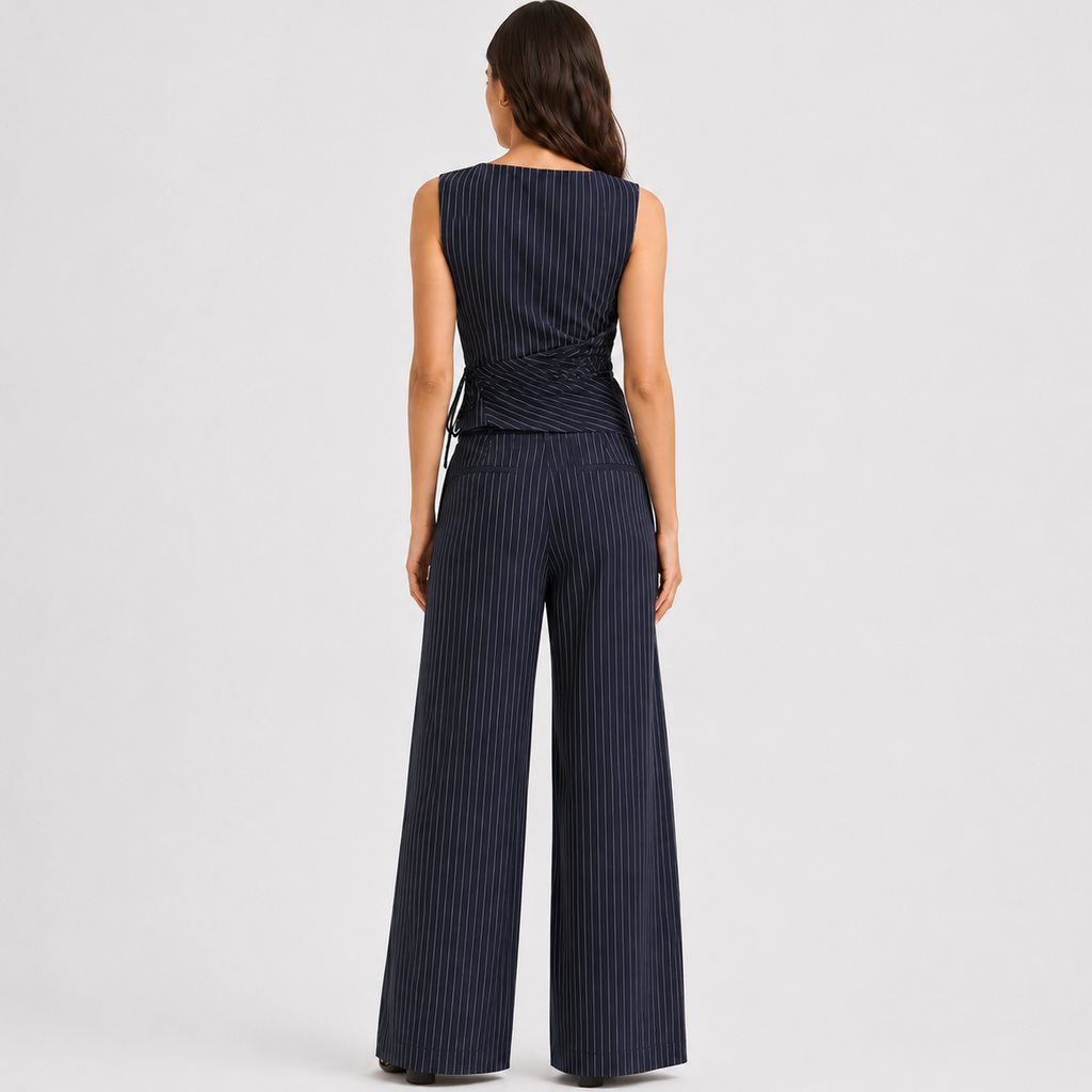 Pinstripe Wrap Top & Wide-Leg Trousers Co-ord Set