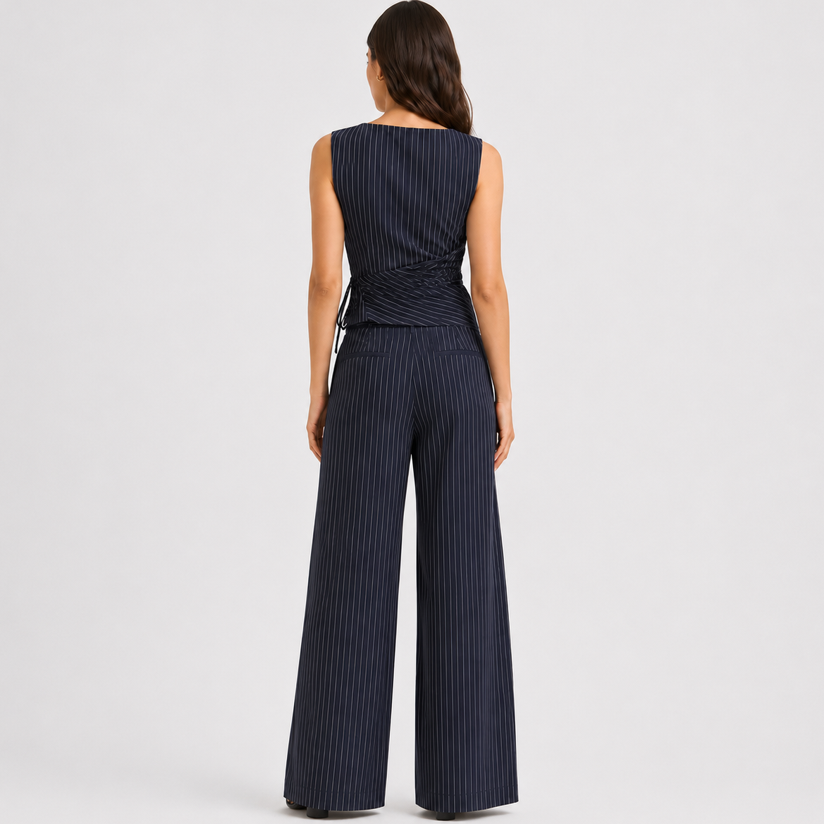 Pinstripe Wrap Top & Wide-Leg Trousers Co-ord Set
