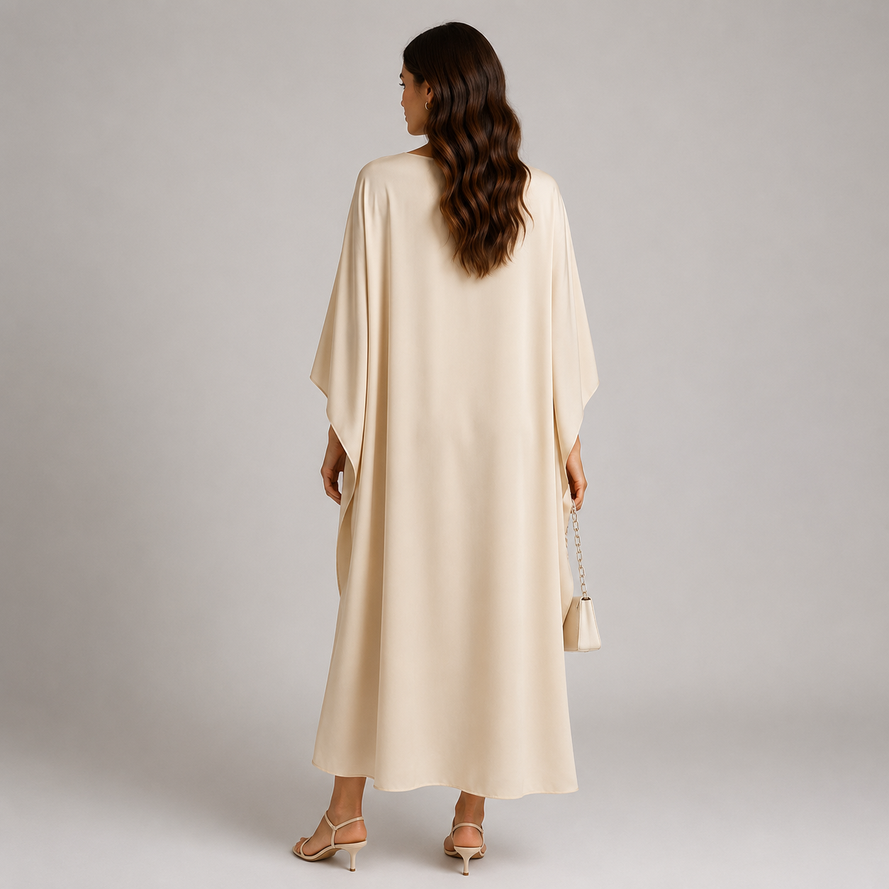 Draped Floor-Length Evening Dress with Cape Sleeves