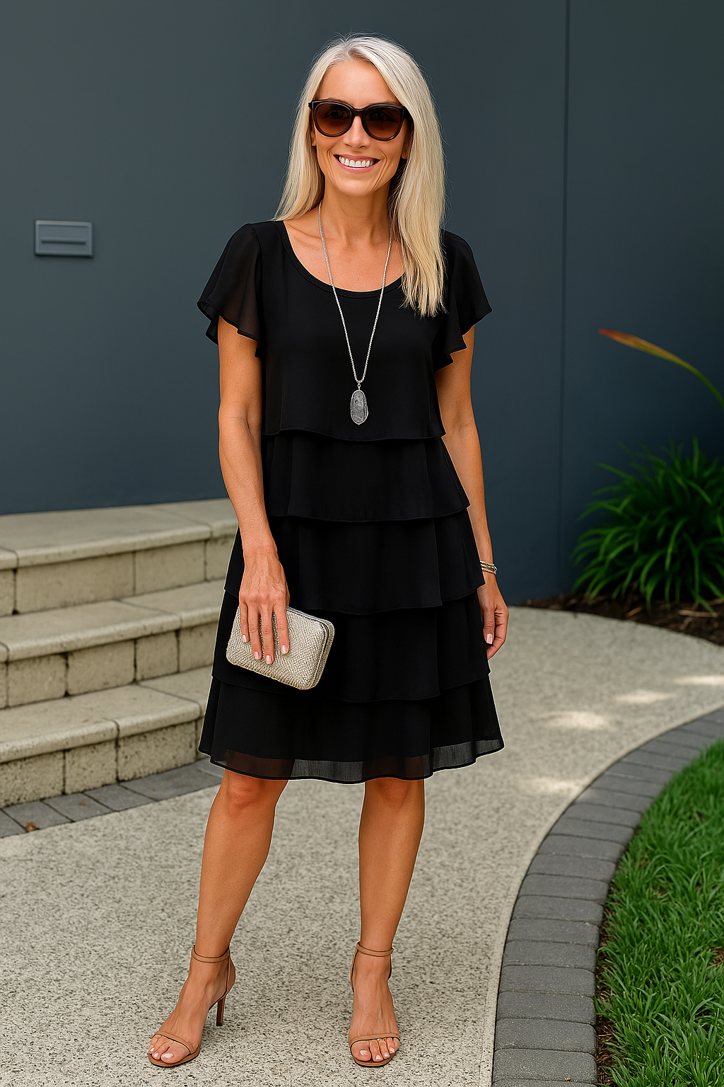 Short sleeve layered midi dress styled for semi-formal events