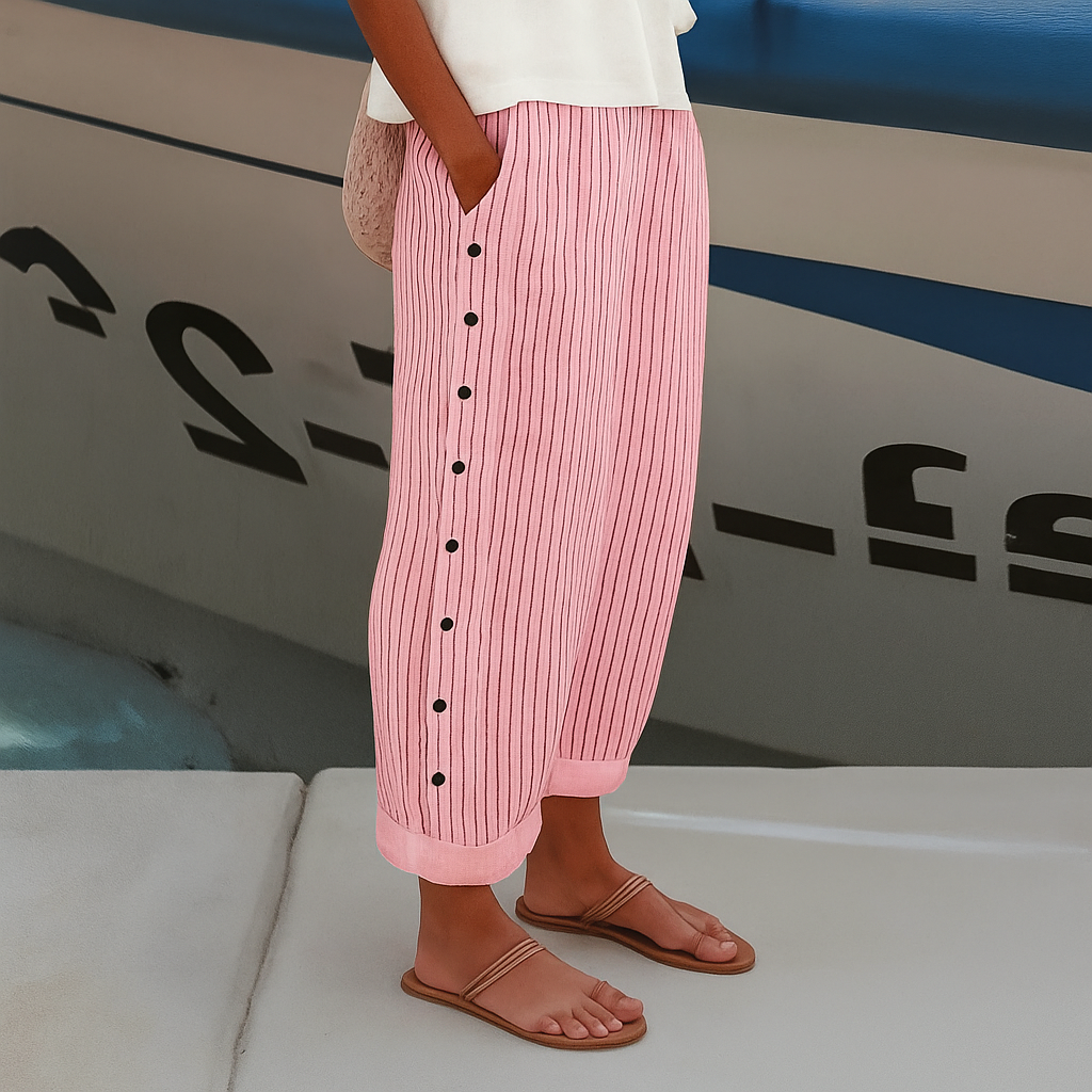 Women's stripe panel button detail trousers, full view