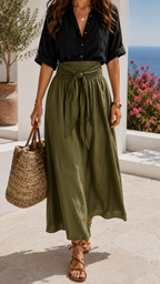 Flowing shirt and maxi skirt set with tied waist, front view on model
