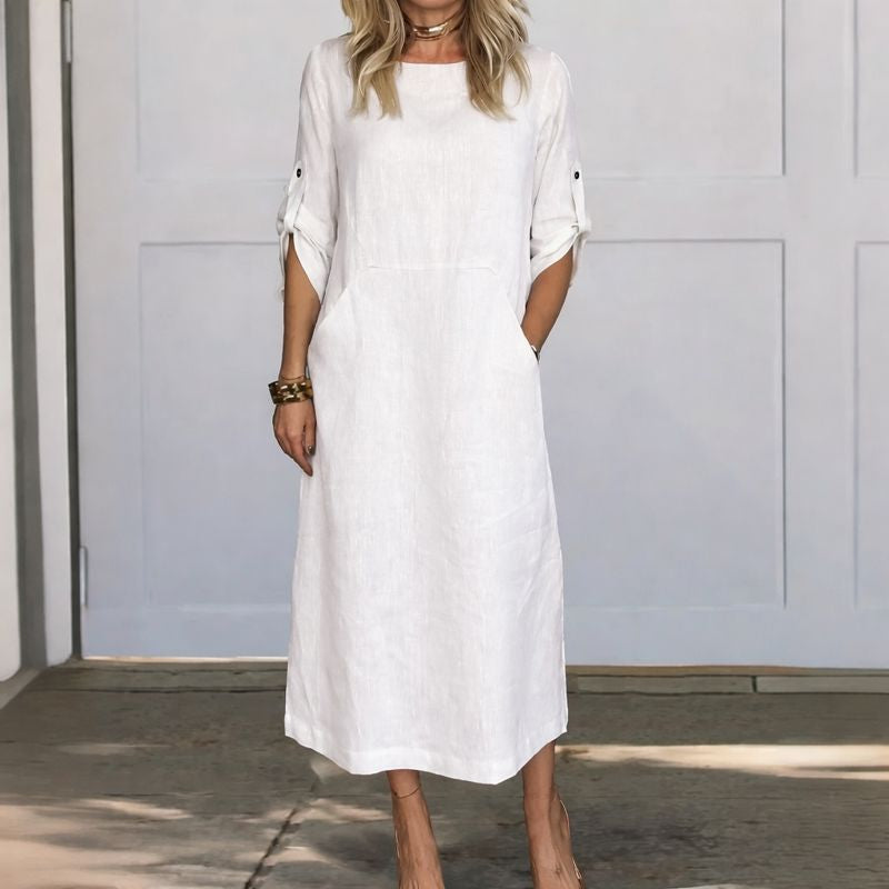 Women's loose fit draped A-line maxi dress, front view
