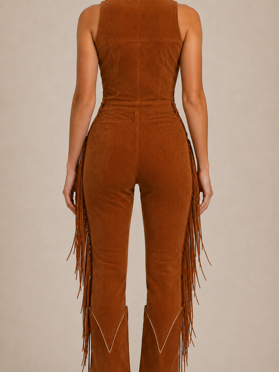 Brown Suede Fringe Vest Jumpsuit with Zip-Up Front