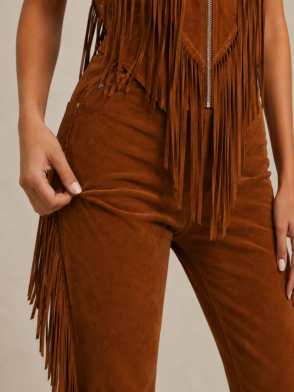 Brown Suede Fringe Vest Jumpsuit with Zip-Up Front