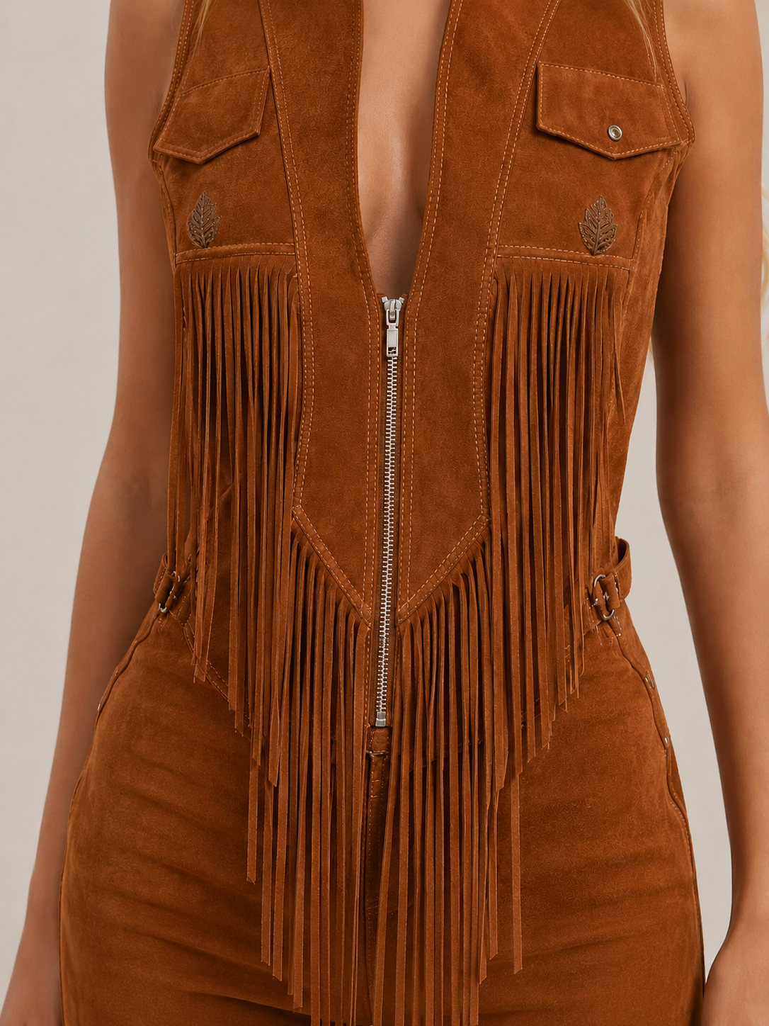 Brown Suede Fringe Vest Jumpsuit with Zip-Up Front