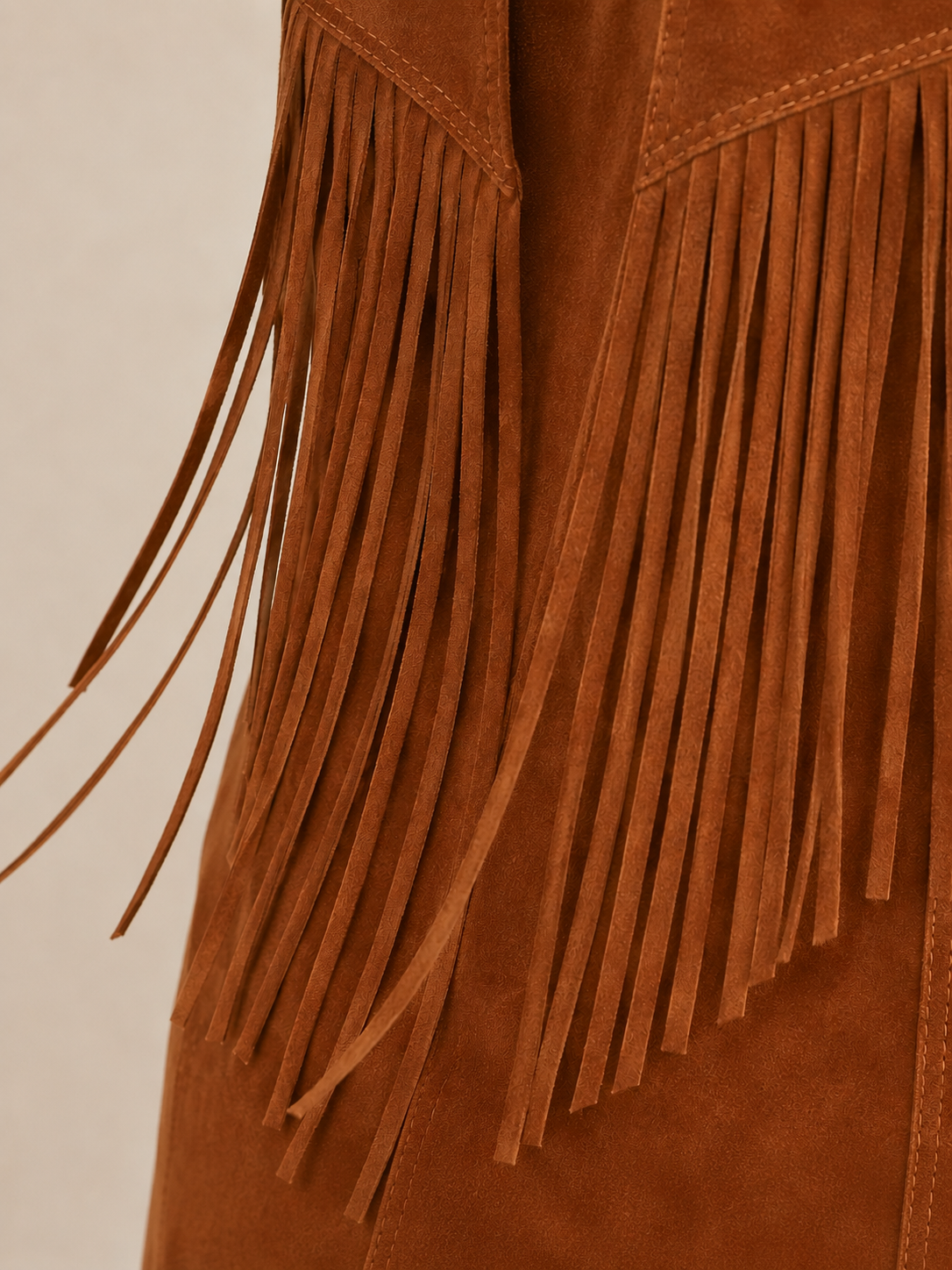 Brown Suede Fringe Vest Jumpsuit with Zip-Up Front