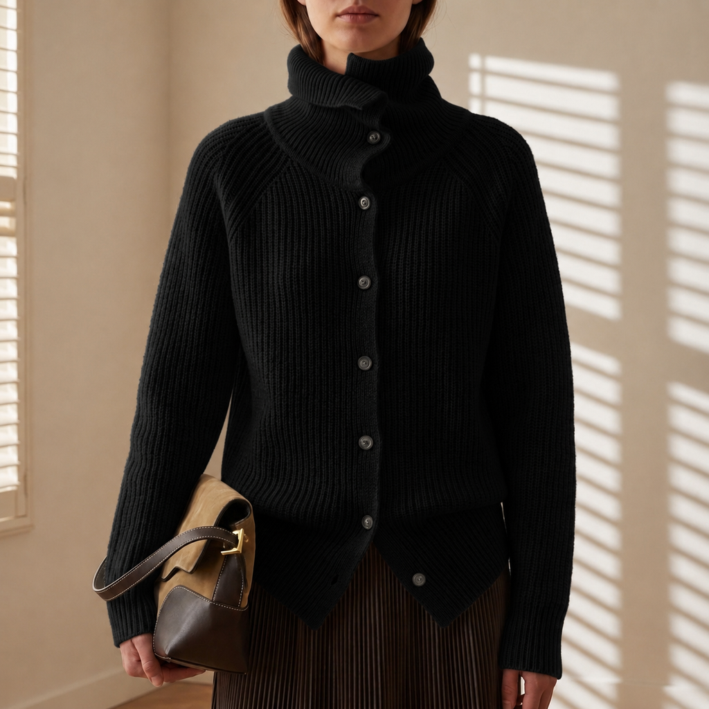 Black chunky knit cardigan with button-front and funnel neck, front view