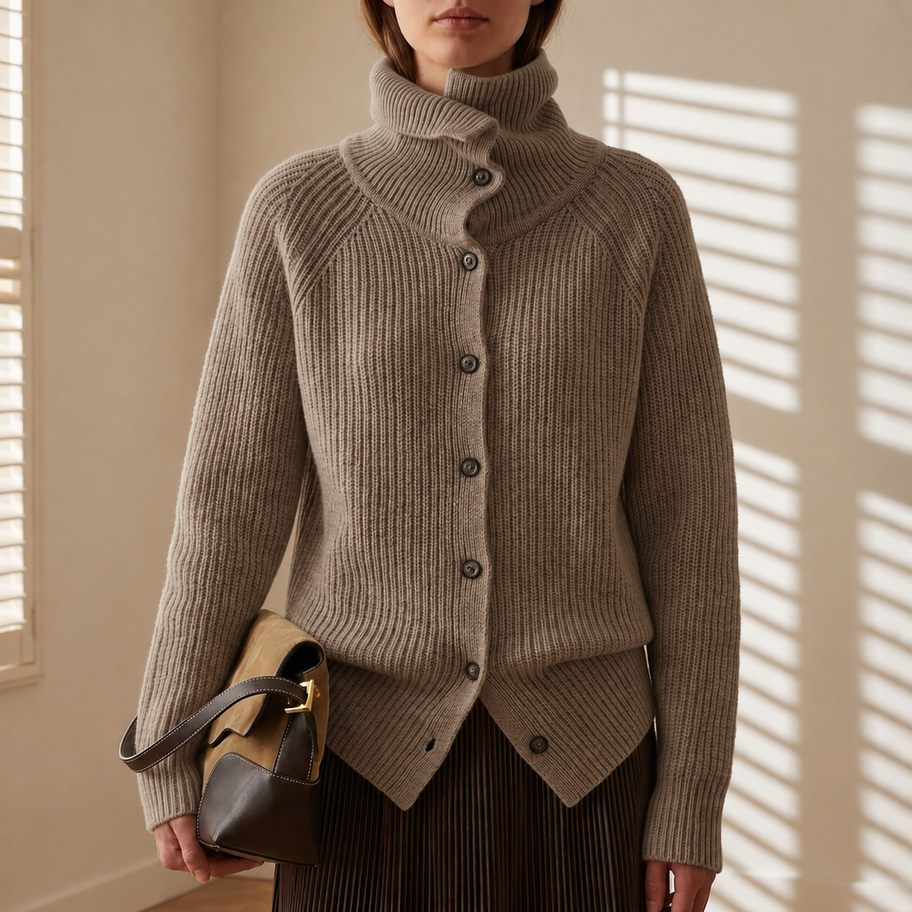 Taupe chunky knit cardigan with button-front and funnel neck, front view