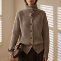 Taupe chunky knit cardigan with button-front and funnel neck, front view