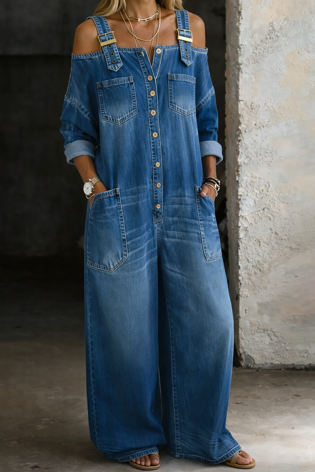 Off-shoulder wide leg jumpsuit on model | Alba Muse