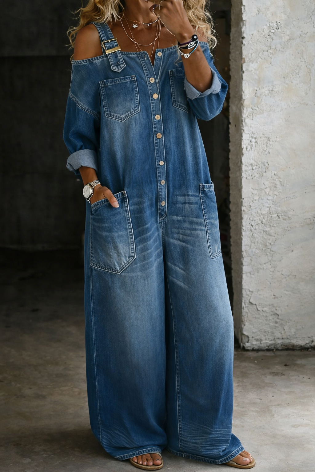 Off-shoulder jumpsuit full length view | Alba Muse