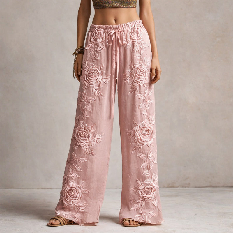 Floral embroidered wide leg pants in pink, front view