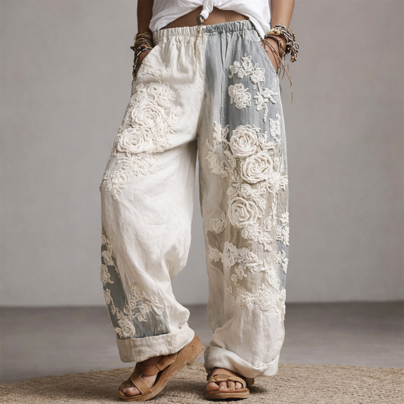 Floral embroidered wide leg pants, embroidery detail