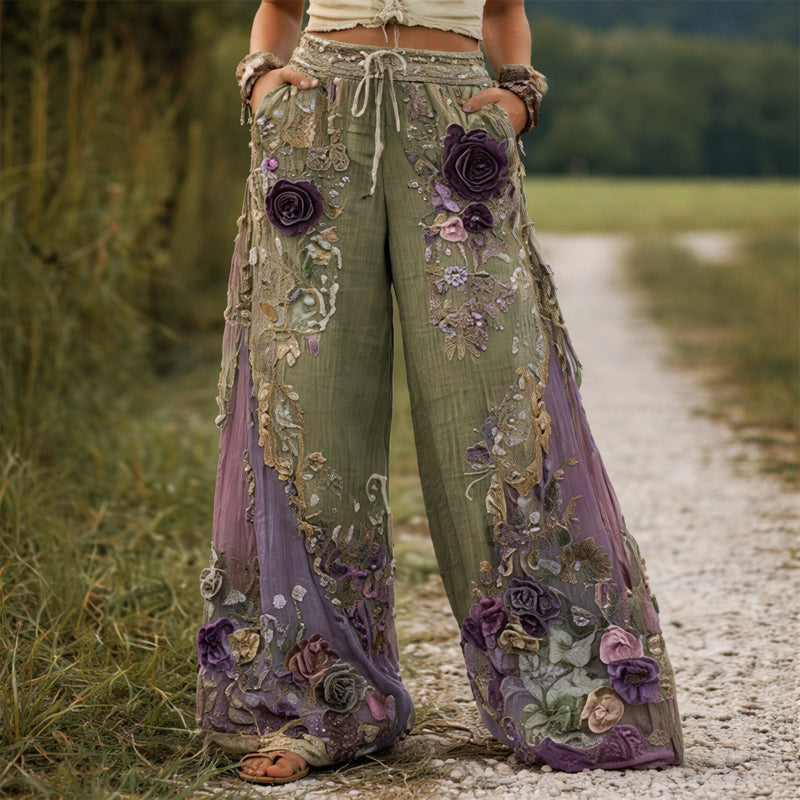 Floral embroidered wide leg pants in green, front view