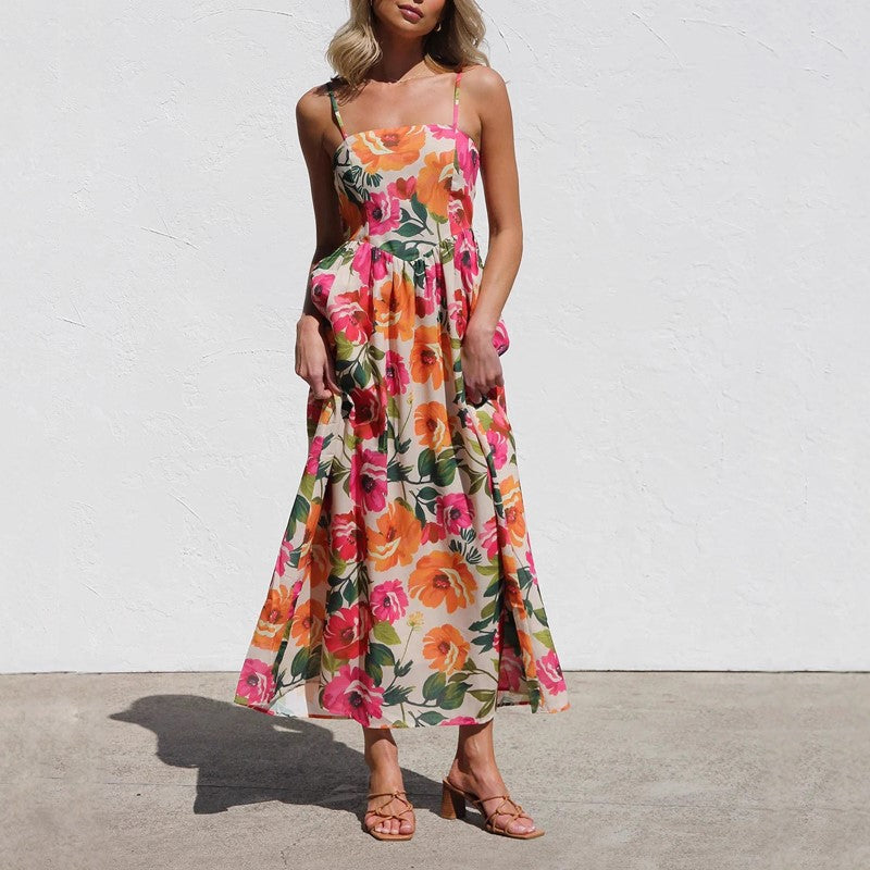 Floral maxi dress with gathered waist, back view