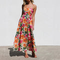 Floral maxi dress with gathered waist in pink, front view