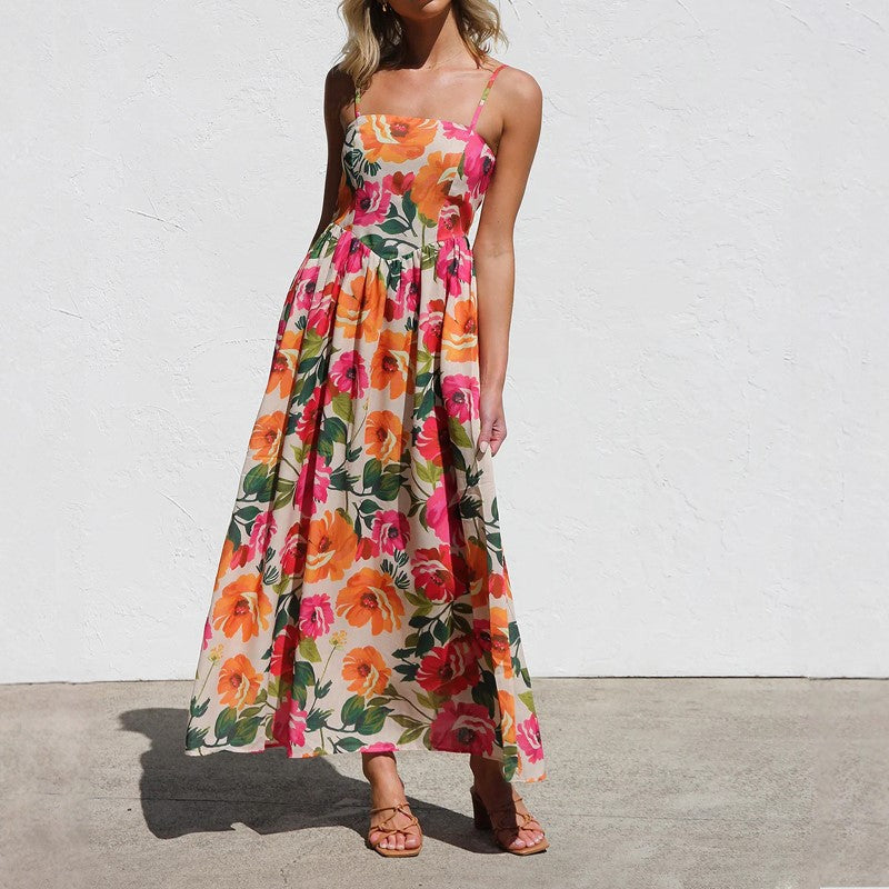 Floral maxi dress with gathered waist in pink, front view