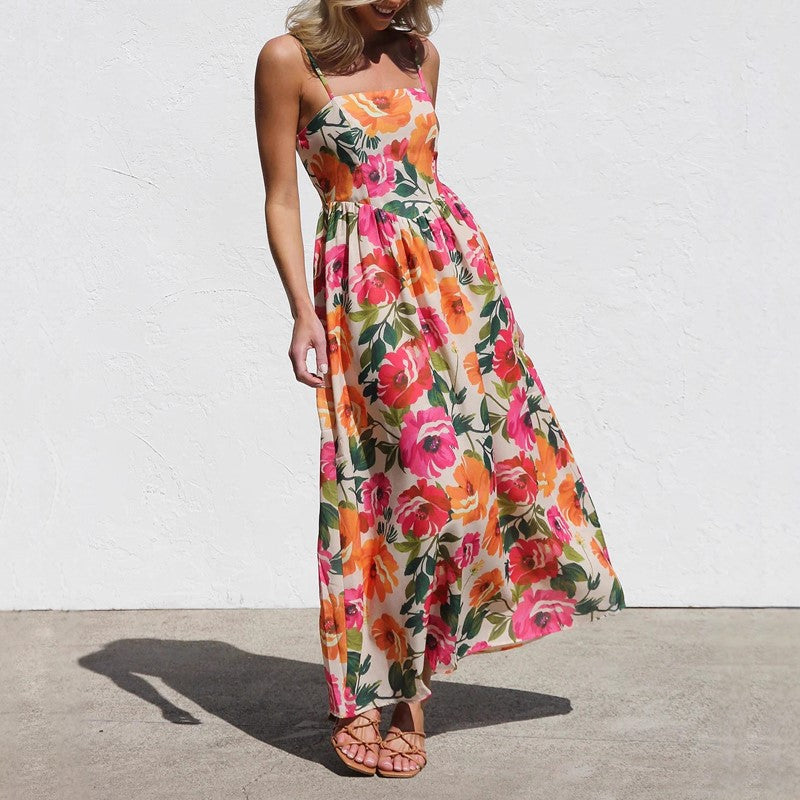 Floral maxi dress with gathered waist, side view